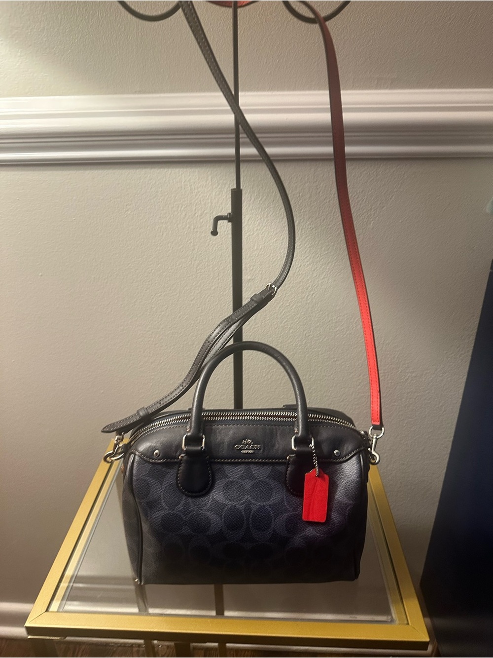 Coach Bennett Navy Blue Signature Satchel with Red Strap Accent